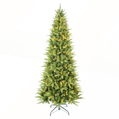 6FT Slim Christmas Tree with 300 Warm White LED Lights, 850 PE+PVC Tips, Space-Saving Hinged Design, Easy Setup, Sturdy Metal Stand for Small Spaces