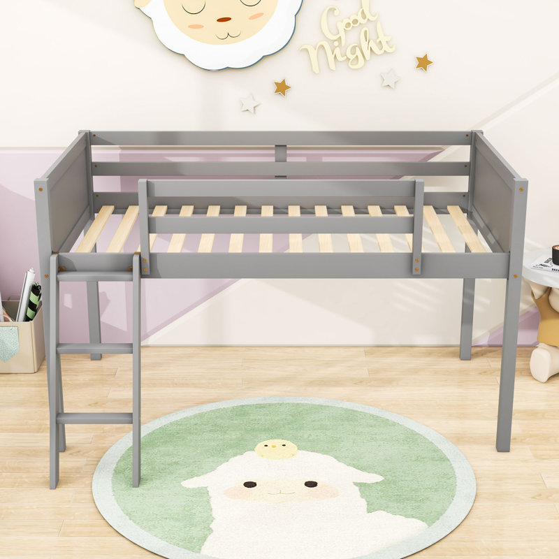 Wood Low Loft Bed with Ladder, ladder can be placed on the left or right, Gray, Twin