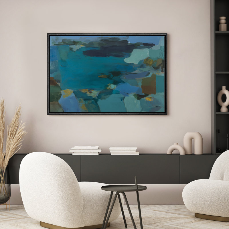 Bleu sarcelle bleu abstrait vue sur la mer vue sur la mer pour le salon, 24" H x 36" W x 1.5" D, Noir