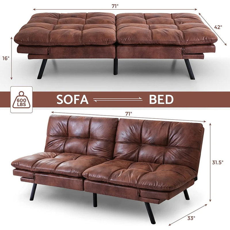 Discusin Twin 70.5" Wide Faux Leather Tufted Back Convertible Sofa, Brown