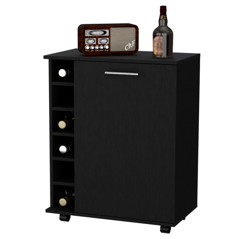 Chariot-bar moderne noir avec 6 supports et grande tablette de rangement