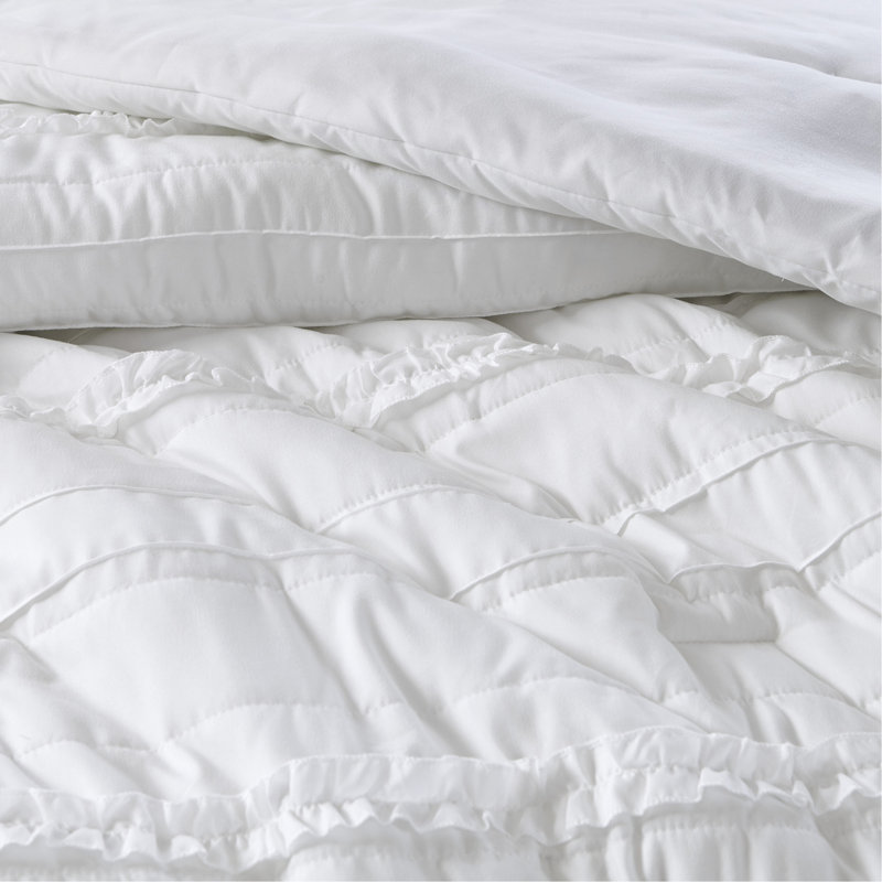 Ensemble d'édredon à volants en microfibre 5 pièces grand blanc, Édredon de grand lit + 4 pièces additionnelles