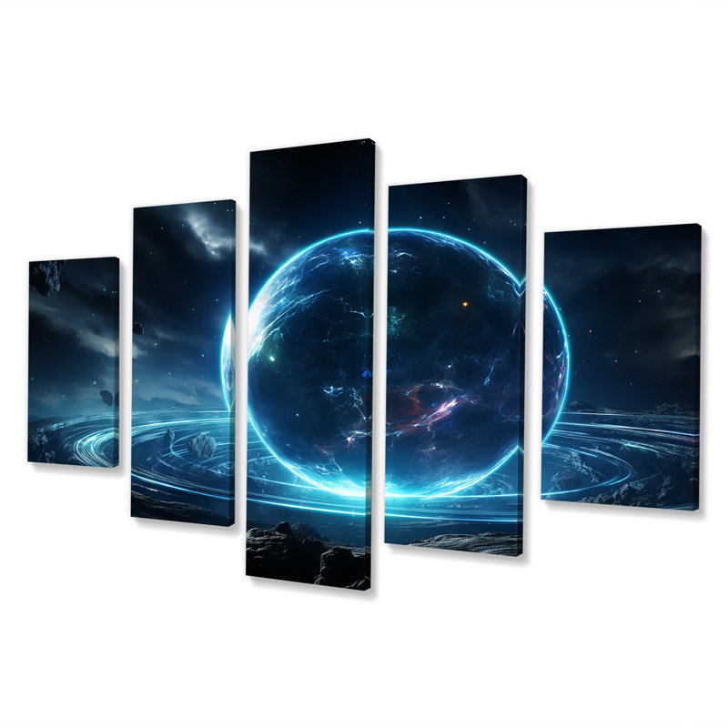  «Blue and Black Cosmic Plaet I - Planets Multipanel Wall Art