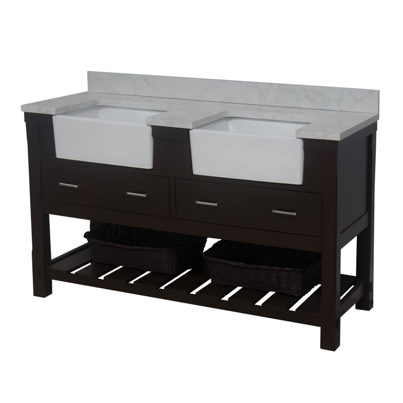 Ensemble de meuble-lavabo double 60 po Hitton, Chocolat, Carrara d'ingénierie