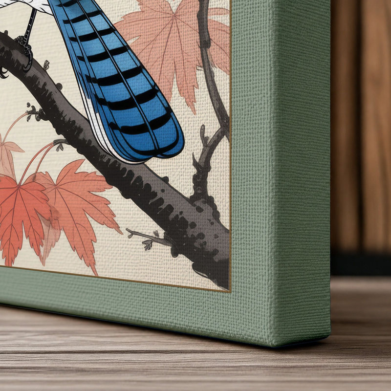 Blue Jay Among Maples Japandi - Wrapped Canvas, 36x24 - 91.4 x 61.0 cm, Sage Border