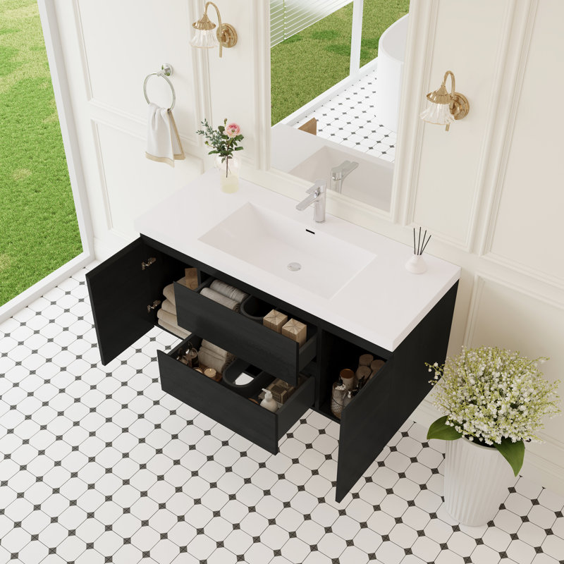 Meuble-lavabo 48 po avec lavabo mural, tiroirs à fermeture en douceur, bois, comptoir en résine, installation rapide