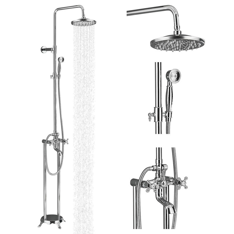 Freestanding Bathtub Faucet Floor Mount Tub Filler with Double Cross Knobs 360° Rotation Spout High Flow Floor Standing Bathtub Shower Bell Shape Shower Head with Handheld Spray