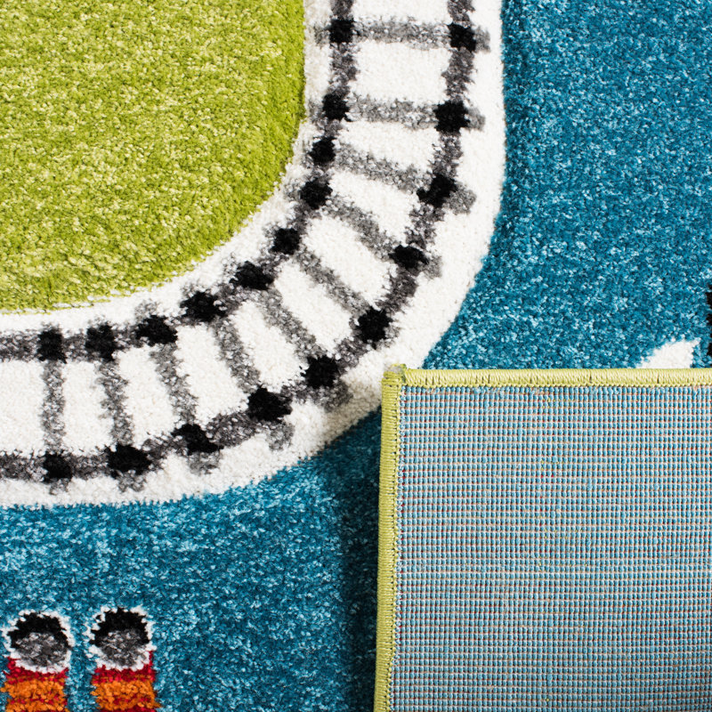 Green and Ivory Round Kids Train Track Area Rug