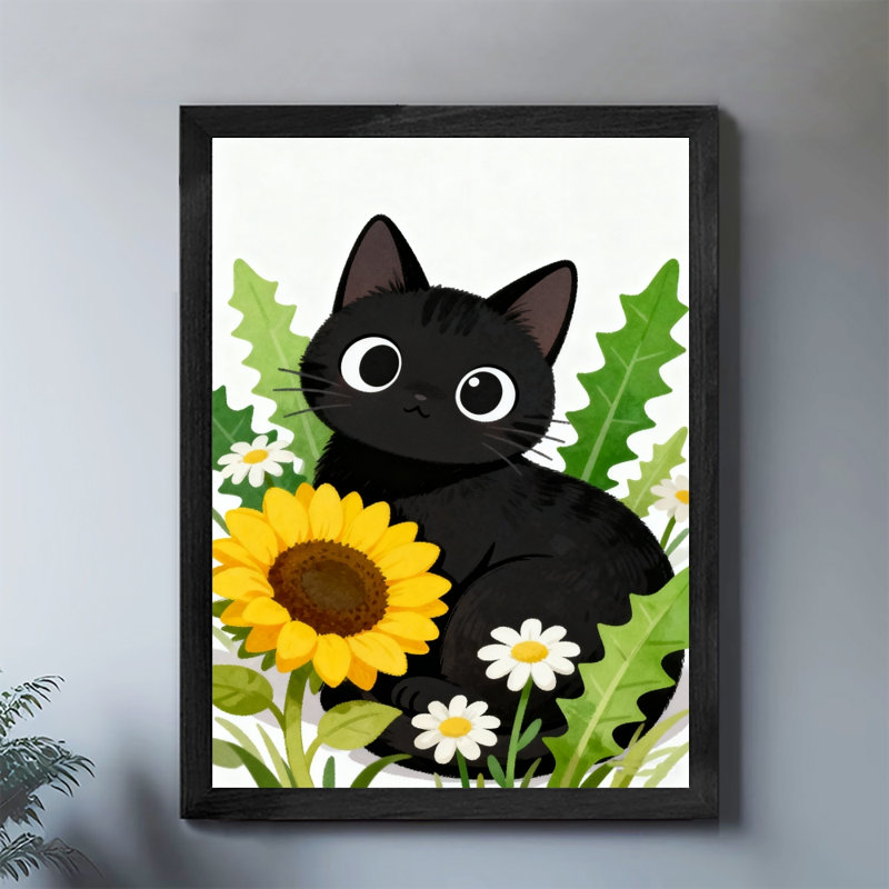 Art encadré noir, "Le joli chat noir parmi les fleurs", reproduction d'art encadrée de style rétro, H 11 po x l 9 po