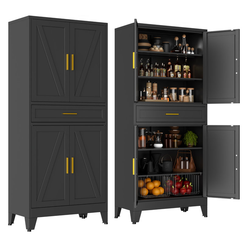 Armoire de rangement pour garde-manger de 71 po de hauteur avec tiroir et tablettes réglables, Noir