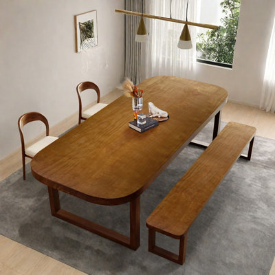 Brown Modern rectangular solid wood dining table and chair set, rural kitchen dining chair with bench set by FineFurniture