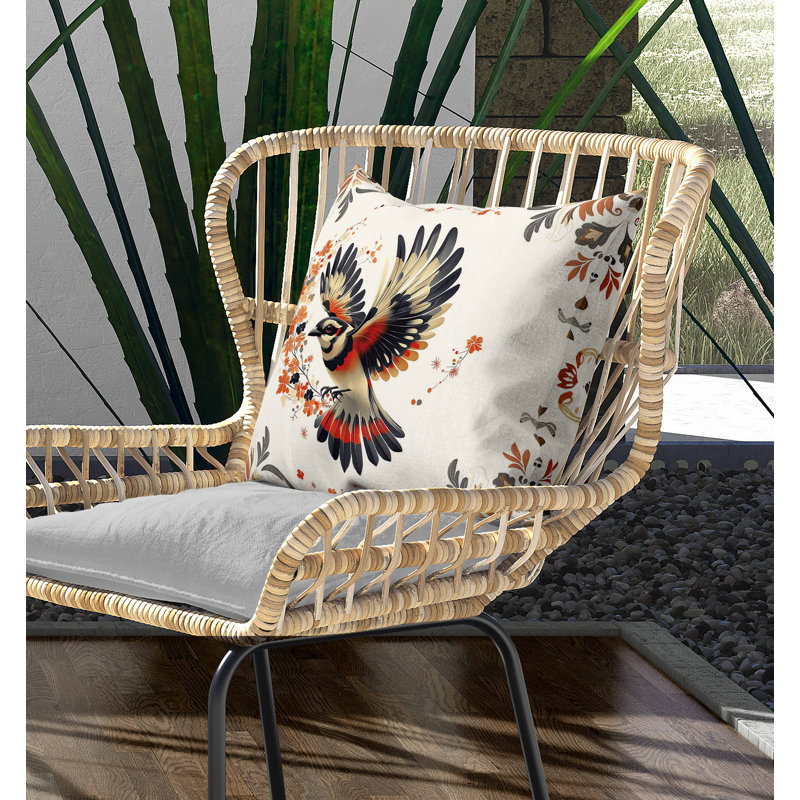 Coussin intérieur / extérieur Blaze Bird, Noir / rouge / orange, Carré 16 po