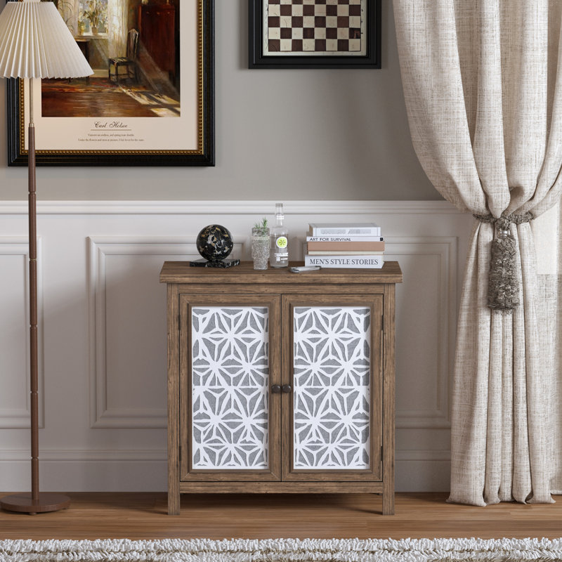 American Design Rustic Storage Cabinet, 32.55" High, Solid Wood And , With Elegant Geometric Pattern, For Living Room Vintage 15.92" Deep, Metal - Framed Linen Doors,