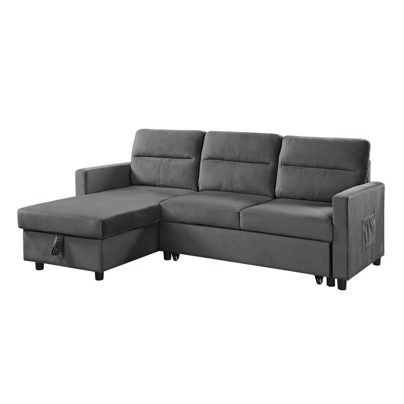 81.5"W Dark Gray Velvet Reversible Sleeper Sectional Sofa With Storage Chaise And Side Pocket, Dark Gray Velvet
