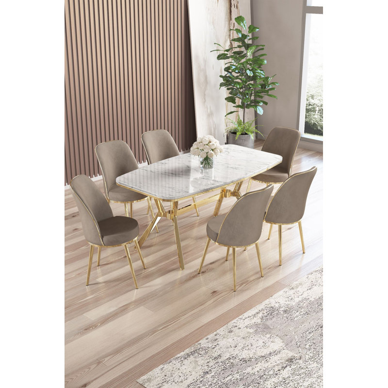 Ensemble de table et chaises de salle à manger (7 pièces), 7 Pieces: Table, 6 Chairs, White Marble/Gold, Cappuccino
