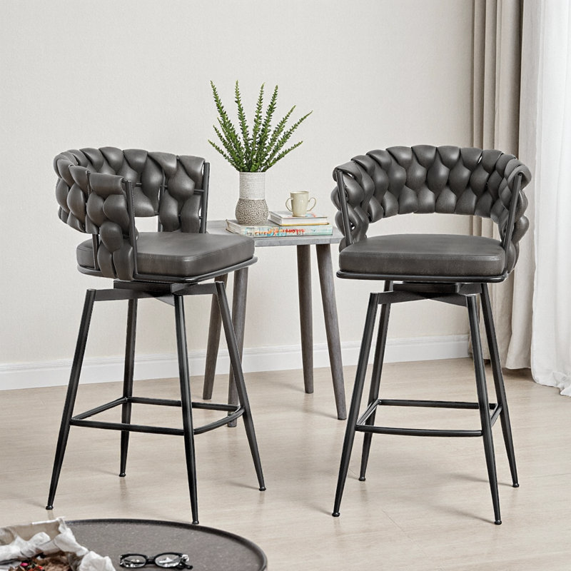 Ensemble de 2 tabourets de bar 28 po en cuir technique brun clair - structure en métal noir avec pivot à 360 ° et repose-pieds