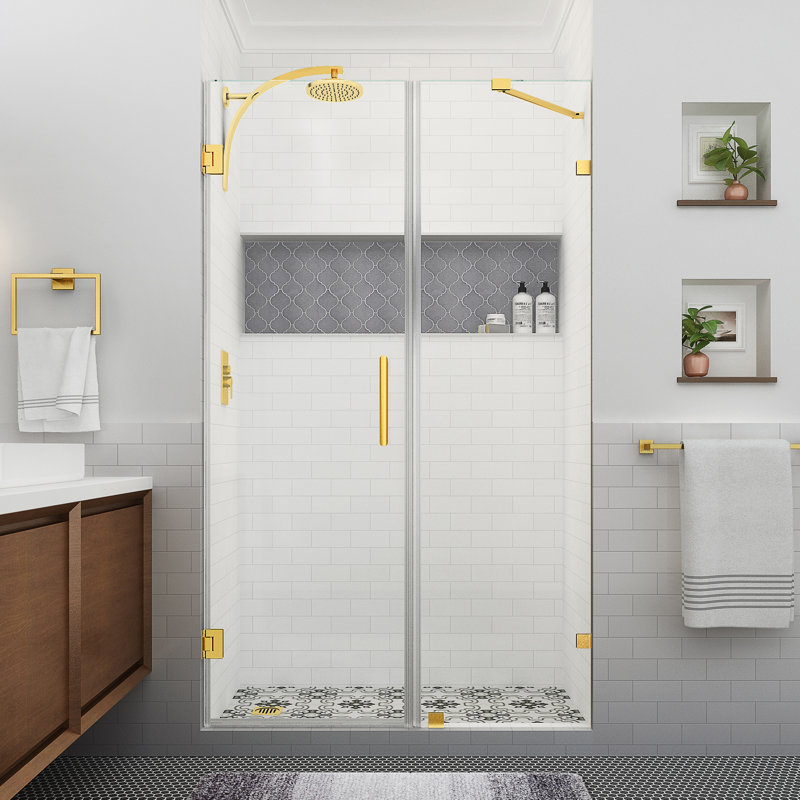 Nautis XL 52.25 - 53.25 in. W x 80 in. H Hinged Frameless Shower Door with Clear StarCast Glass, Brushed Gold