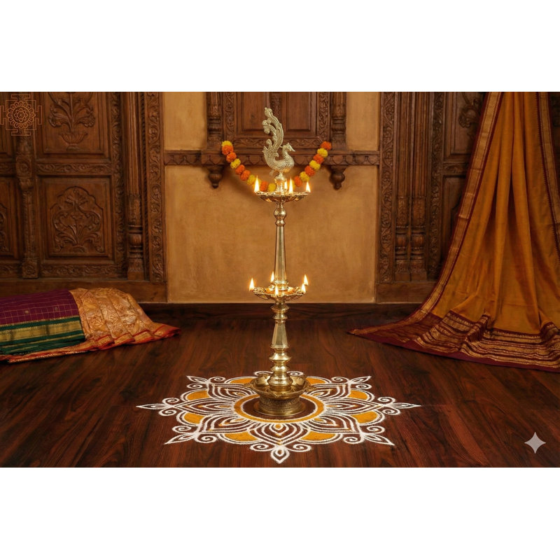 Lampe sur pied en laiton paon de 38 pouces fabriquée à la main, Nachiarkoil Diya indien traditionnel pour le hall d'entrée et le salon