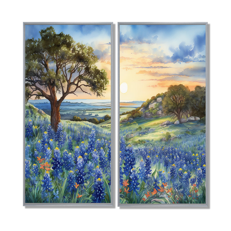 Blue Bonnets Sunset - Blue Wall Art, Floater Framed Print, 32" H x 32" W, Silver