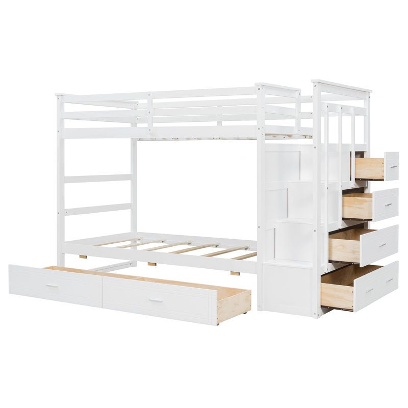 Lit superposé simple au-dessus de simple avec escalier et 2 tiroirs de rangement pour enfants, blanc, White