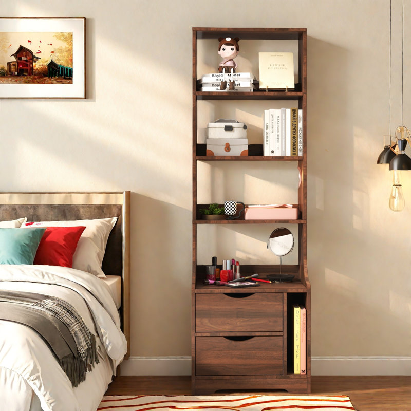 Night Stand With Bookshelf, Night Stand With 2 Storage Drawers For Bedroom, Walnut
