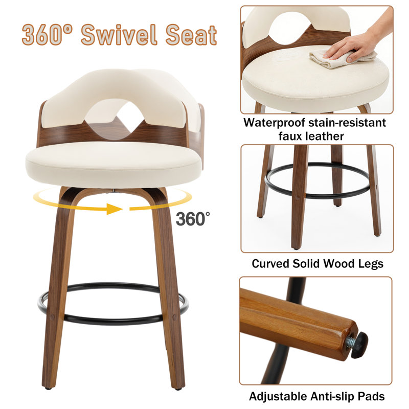 Leona Wooden Faux Leather Stools, Counter Stool (25.2” Seat Height), Beige