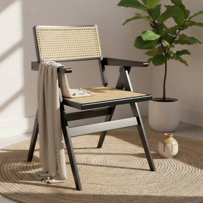 Bamboo Folding Chairs With Woven Rattan Backrest & Seat Rubber Bamboo Frame | Black Color