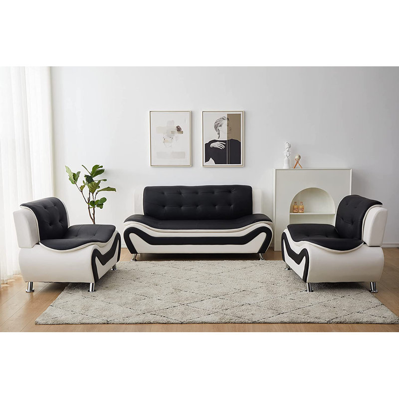Ensemble de canapé de salon en cuir 3 pièces Lamentin, Similicuir noir / blanc
