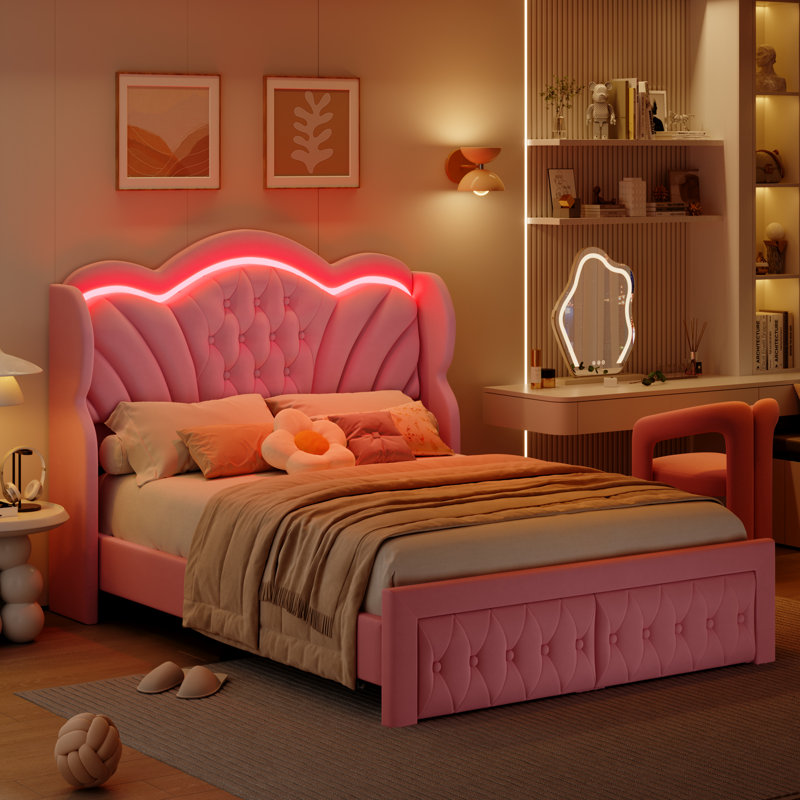 Mouad Velvet Upholstered Bed with Storage and LED Lights, Full, Pink