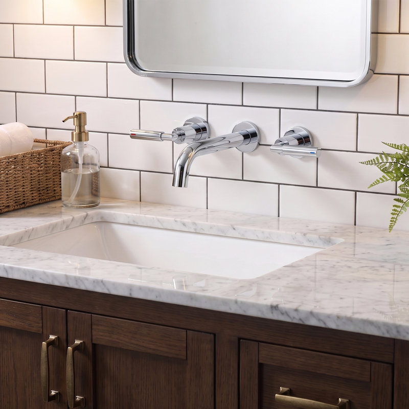 Robinet de lavabo de salle de bain mural moderne à 2 poignées en chrome poli, laiton massif sans plomb avec bonde