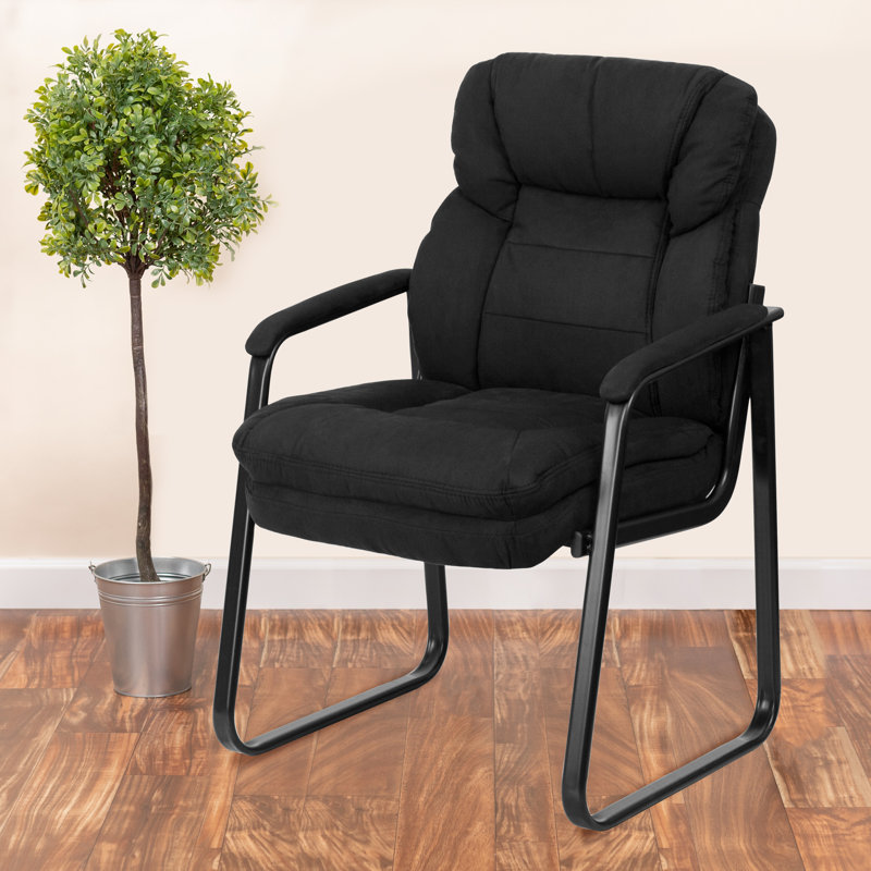 Executive Side Reception Chair with Lumbar Support and Sled Base, Black Microfiber