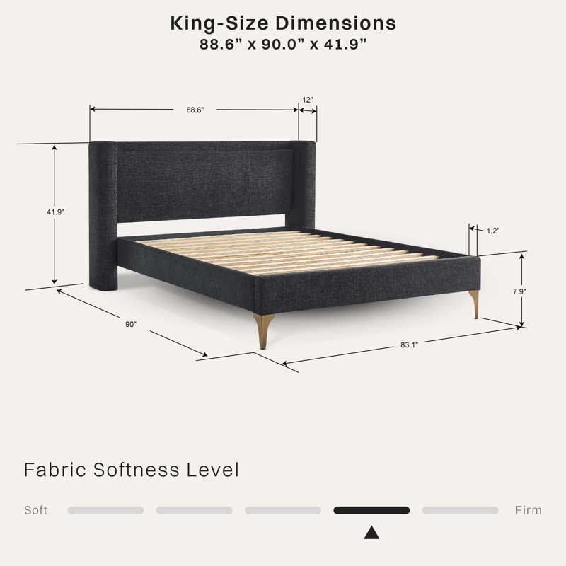 Lit Sawyer King capitonné à oreilles avec liseuses dissimulées et ports de chargement USB/A/C, chenille, Très grand lit, Noir