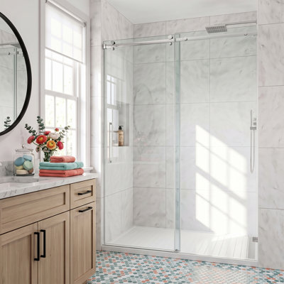 62"-67" W X 72" H Frameless Sliding Shower Door in Shatter-Resistant Film with 3/8" (10mm) Tempered Glass and Quiet Rollers