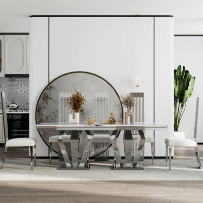 Dellene 78" Grey and Silver Modern Glam Dining Room Table