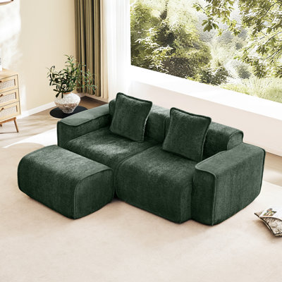 Canapé d'angle 2 places en velours sans ossature, passepoil français, aucun assemblage requis, coussins décoratifs, modulaire, design en L pour une configuration personnalisée, tissu, assemblage sur les bords, mousse haute résilience.