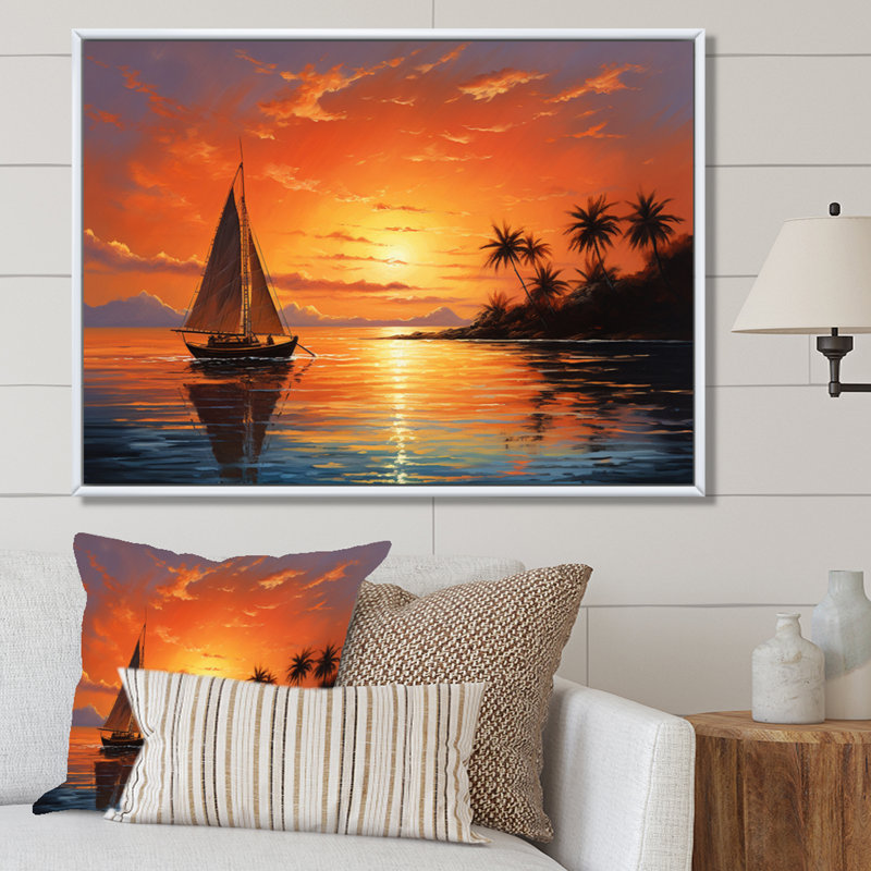 «Schupple Caraibe Island Sunset II», reproduction sur toile, H 30 po x l 40 po x P 1,5 po, Cadre flottant blanc