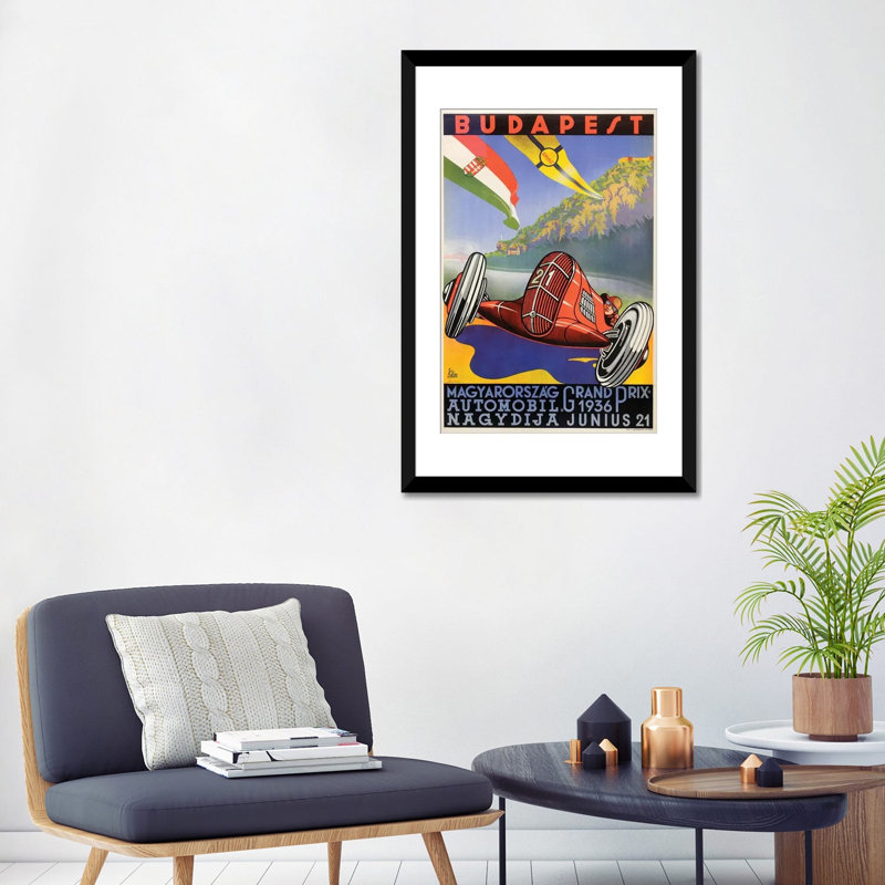 « budapest grand prix, 1936 », publicité rétro sur toile, H 32 po x l 24 po x P 1 po, Papier d'art encadré noir, Blanc