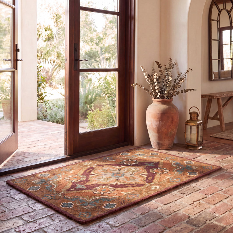 Tapis en laine, coton et latex rouille à motif floral touffeté à la main Ezell, Rectangle 2 pi x 3 pi