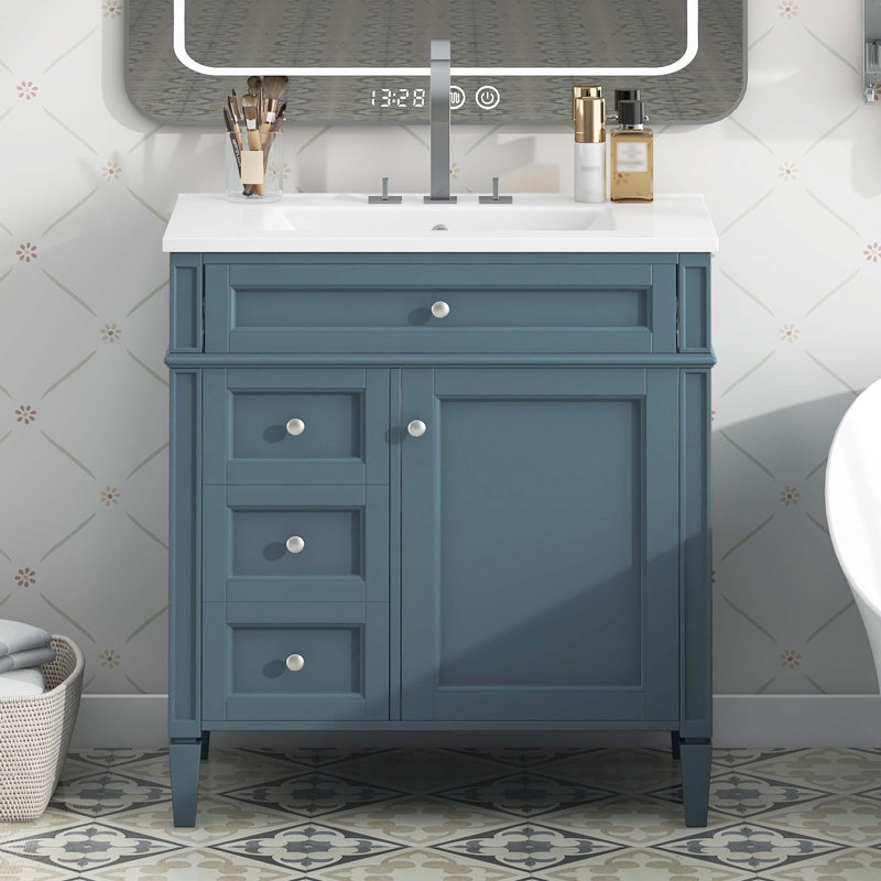 30'' Bathroom Vanity with Top Sink, Modern Bathroom Storage Cabinet with 2 Drawers and a Tip-out Drawer, Single Sink Bathroom Vanity
