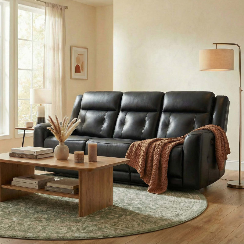 87'' Genuine Leather Power Reclining Sofa, Black