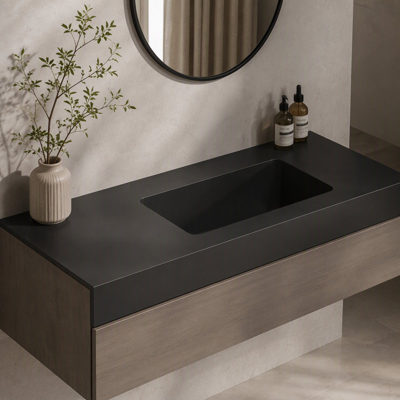 Vasque de salle de bain moderne intégré en surface solide avec trop-plein intégré, lavabo en composite de pierre résistant aux taches, sans meuble