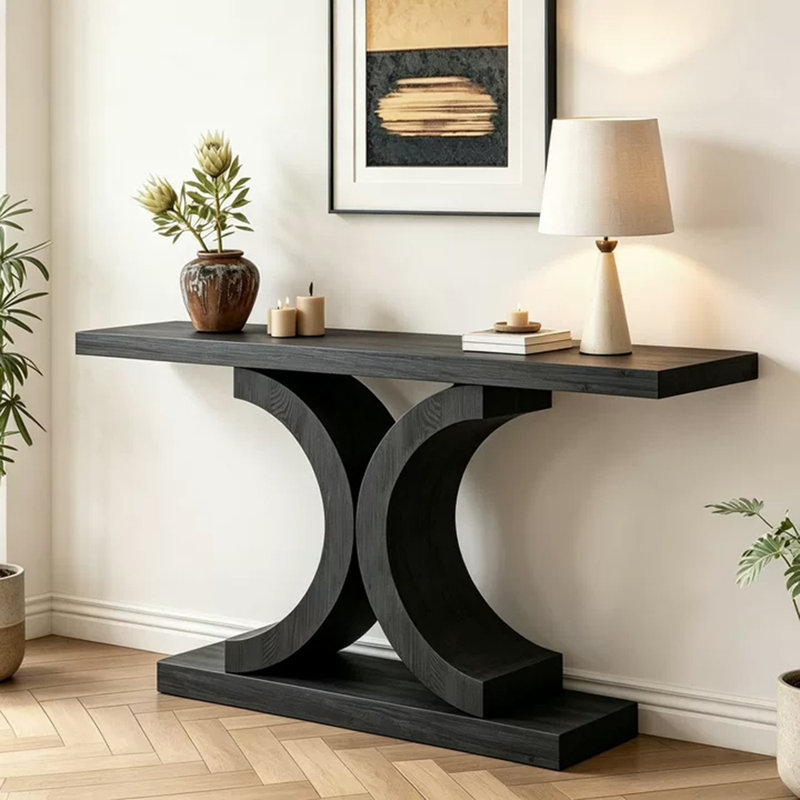 Console rétro vintage de 60 po avec base sculpturale étroite