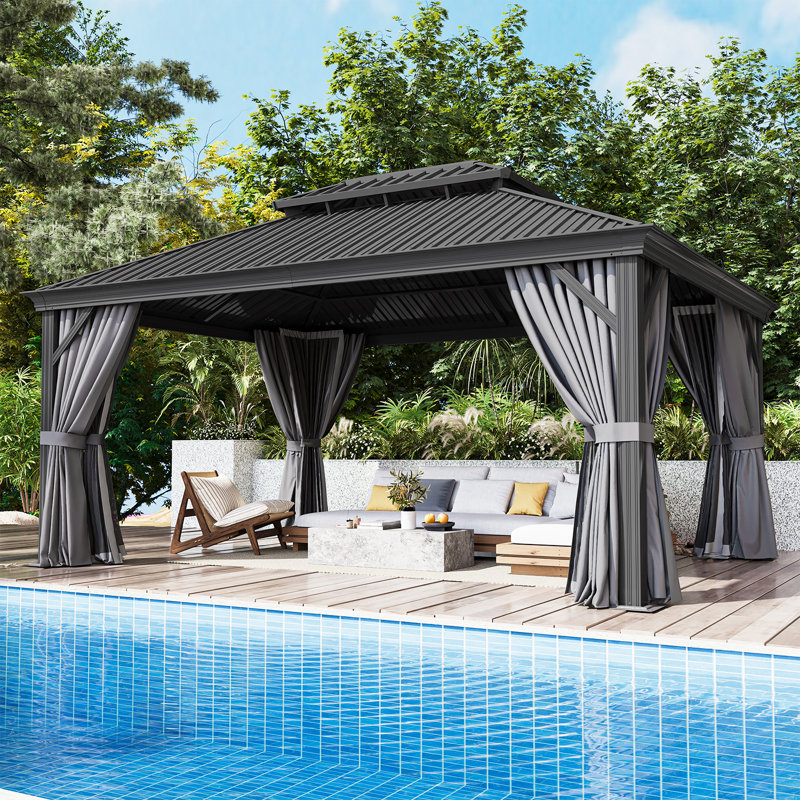 Hardtop Outdoor Gazebo with Double Roof, Curtains & Netting, 16 pi x 12 pi