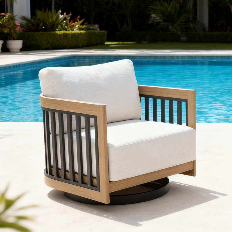 Fauteuil club pivotant avec coussins Sereno, Noir / teck