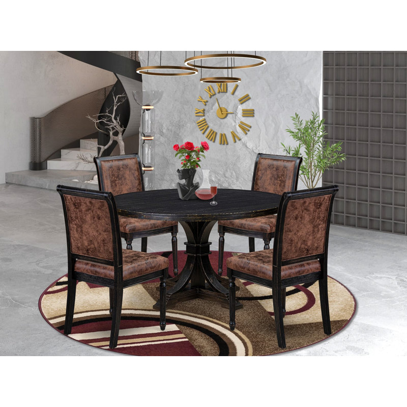 Ensemble de salle à manger 5 pièces avec 4 chaises de cuisine en polyester texturé brun, haut dossier et une table moderne au fini noir sablé.