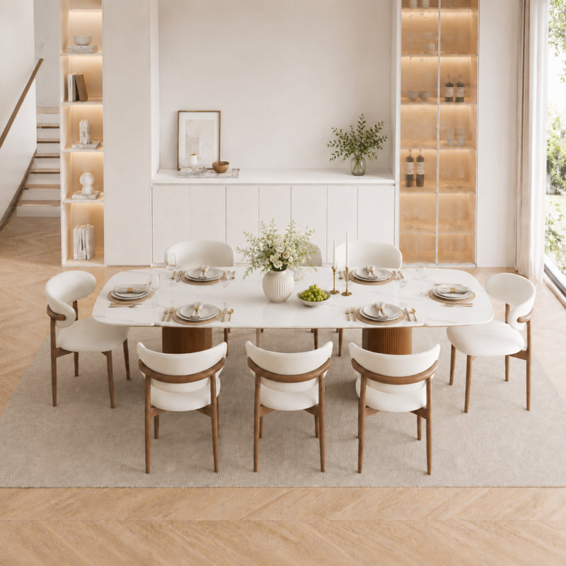 Ensemble de table de salle à manger extensible en pierre frittée de 63 à 94 po pour 8 personnes, plateau en pierre de luxe fritté avec double piédestal moderne en noyer et 8 chaises rembourrées entièrement assemblées Emil (ensemble de 9)