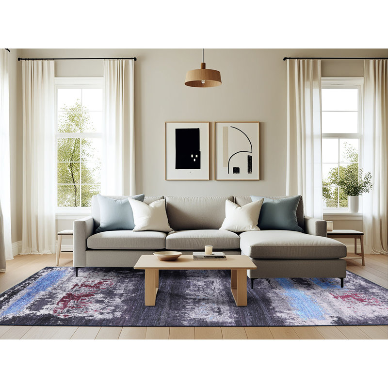 Tapis abstrait gris / rouge / bleu Buncombe, Rectangle 6 pi x 9 pi