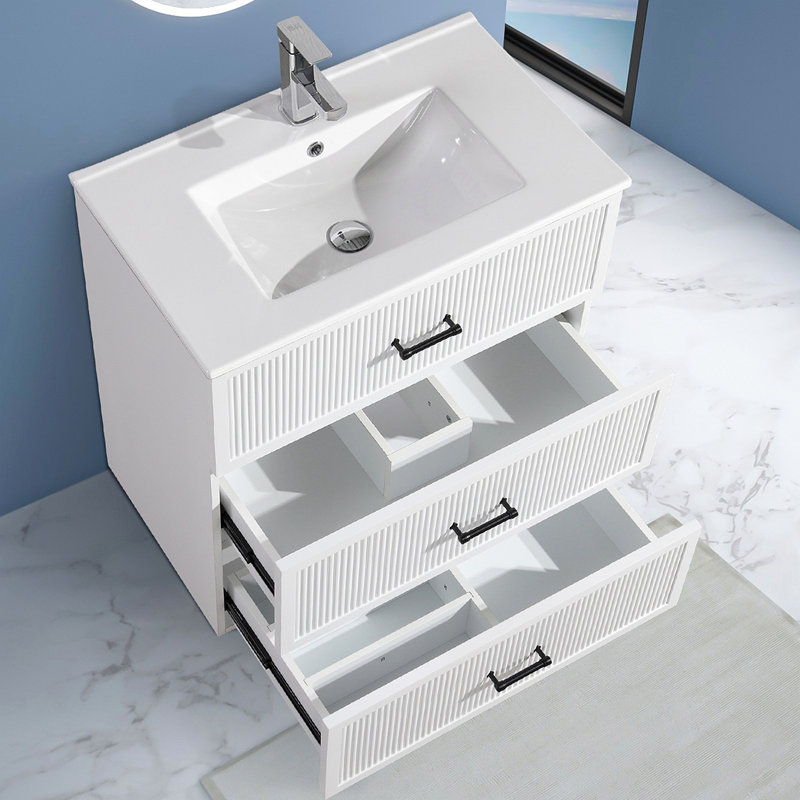 Ensemble de meuble-lavabo 30 po avec lavabo en céramique, meuble de rangement autoportant moderne à 2 tiroirs, meuble-lavabo autoportant 
