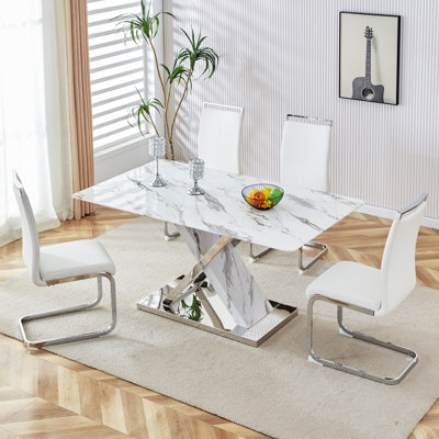 5-Piece Modern Rectangular Faux Marble Dining Set with Cantilever Chairs