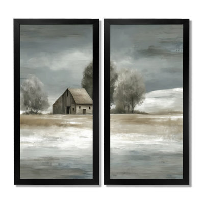 «White Grey Farmhouse In Winter Countryside Landscape - Barn Farm Ranch Art, White Farmhouse, reproduction sur toile 2 pièces